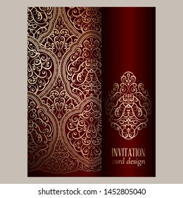 Wedding invitation card with red and gold shiny eastern and baroque rich foliage. Ornate islamic background for your design. Islam, Arabic, Indian, Dubai