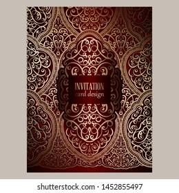 Wedding invitation card with red and gold shiny eastern and baroque rich foliage. Ornate islamic background for your design. Islam, Arabic, Indian, Dubai