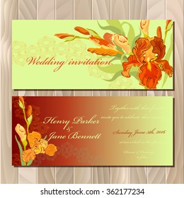 Wedding invitation card with red, orange yellow iris flower and lace background. Iris bouquet hand drawn vector illustration. Printable horizontal design backgrounds set. Save the date text place. 