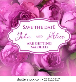 Wedding invitation card with retro frame on cute peony roses background. Vector.