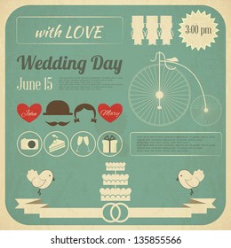 Wedding Invitation Card in Retro Infographics Style. Vintage Design, Square Format. Vector Illustration.