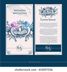 Wedding Invitation Card With Wedding Ring And Floral Hand Drawn Sketch Illustration Vector