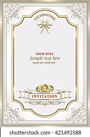 Wedding invitation card with rings in a frame with an ornament