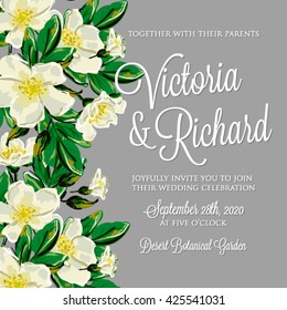 Wedding invitation card with romantic flower dog-rose 