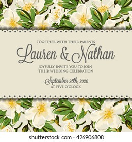 Wedding invitation card with romantic flower dog-rose 