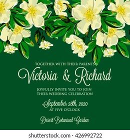 Wedding invitation card with romantic flower dog-rose 