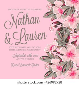 Wedding invitation card with romantic flower dog-rose 