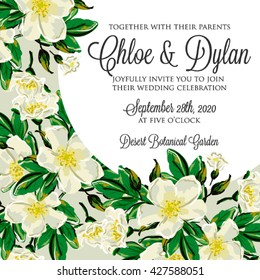 Wedding invitation card with romantic flower dog-rose 