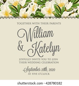 Wedding invitation card with romantic flower dog-rose 