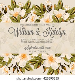 Wedding invitation card with romantic flower dog-rose 