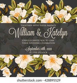 Wedding invitation card with romantic flower dog-rose 