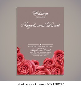 Wedding invitation card with rose flowers. Template