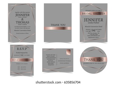Wedding Invitation Card with Rose Gold and Gray Color tone. Bridal Shower Invitation Card. rsvp card .Thank you sticker.Vector/Illustration svg
