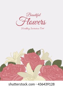 The Wedding  Invitation Card. Rose and lily flowers bouquet. Grey background.