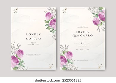 wedding invitation card with roses flower watercolor and creamy background