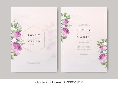 cartão de convite de casamento com rosas flor aquarela e fundo cremoso