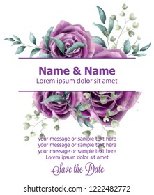 Wedding Invitation card with roses flowers watercolor Vector. Beautiful vintage violet colors floral decors