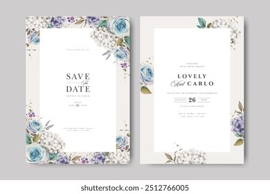 wedding invitation card with roses and hydrangea flower watercolor