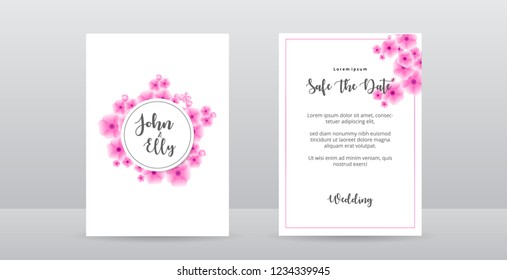 Wedding invitation card with sakura flowers cherry blossom. Floral poster, invite. Vector decorative greeting card or invitation design background