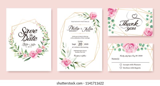 Wedding Invitation card, save the date, thank you, rsvp template. Vector. Summer flower, pink rose, silver dollar, olive leaves, Wax flower.