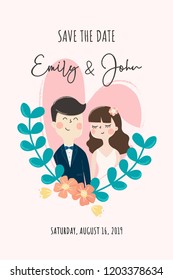 Wedding invitation card. Save the date card design with cute couple character and flower.