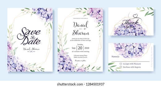 Wedding Invitation card, save the date, thank you, rsvp template. Vector. hydrangea flowers, olive leaves. Watercolor style.