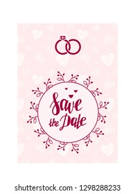 Wedding invitation card. Save the Date, lettering. Beautiful template. Floral frame, border. Rings. Vector illustration