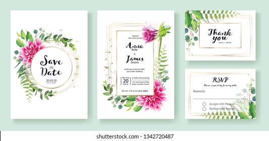 Wedding Invitation card, save the date, thank you, rsvp card Design template. Vector. Pink dahlia flowers, fern leaf, silverdolar leaves, Ivy plants.
