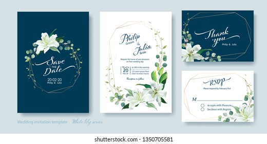 Wedding Invitation Card, Save The Date, Thank You, Rsvp Template. Vector. White Lily Flower, Silver Dollar Plant, Olive Leaves, Wax Flower.