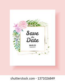 Wedding Invitation card, save the date, thank you, rsvp template. Vector watercolor flowers, Ivy plants.