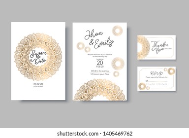 Hochzeit Einladung Karte, speichern Sie das Datum, danke, rsvp Vorlage. Vektorgrafik. Goldmandala