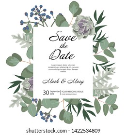 Wedding invitation card save the date design with eucalypt and succulent. Vector illustration.