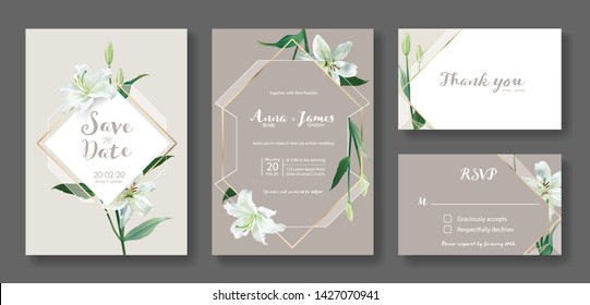 Wedding Invitation Card, Save The Date, Thank You, Rsvp Template. Vector. White Lily Flower.