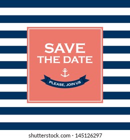 Wedding invitation card. Save the date, sailor theme. Text and color editable.