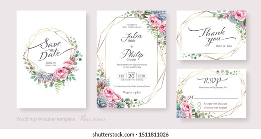 Wedding Invitation card, save the date, thank you, rsvp template. Vector. White and pink rose flower, silver dollar plant, Wax flower.