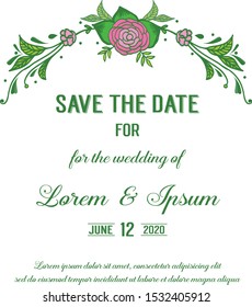 Wedding invitation card with save the date, bright pink rose flower frame. Vector