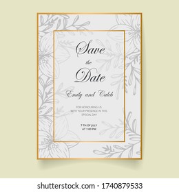 Wedding invitation card, save the date with golden frame, flowers, leaves and branches.