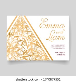 Einladungskarte Hochzeit, speichern Sie das Datum mit goldenem Rahmen, Blumen, Blättern und Ästen.