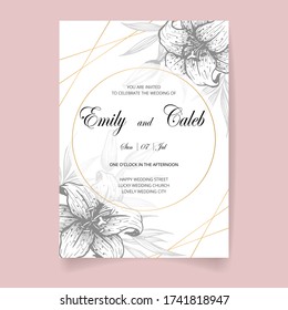 Wedding invitation card, save the date with golden frame, flowers, leaves and branches.