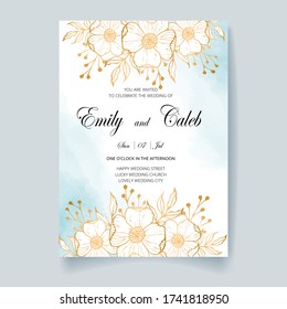 Tarjeta de invitación de boda, guardar la fecha con fondo acuarela, flores doradas, hojas y ramas.