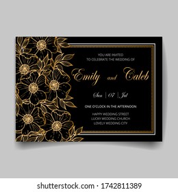 Einladungskarte Hochzeit, speichern Sie das Datum mit goldenem Rahmen, Blumen, Blättern und Ästen.