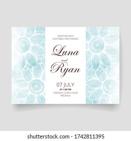Wedding invitation card, save the date with watercolor background, flowers, leaves and branches.
