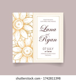 Einladungskarte Hochzeit, speichern Sie das Datum mit goldenem Rahmen, Blumen, Blättern und Ästen.