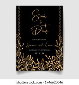Wedding invitation card, save the date with golden frame, flowers, leaves and branches.