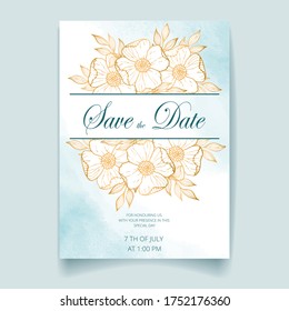 Wedding invitation card, save the date with watercolor background, golden flowers, leaves and branches.
