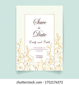Einladungskarte Hochzeit, speichern Sie das Datum mit goldenem Rahmen, Blumen, Blättern und Ästen.