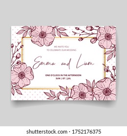 Wedding invitation card, save the date with golden frame, flowers, leaves and branches.