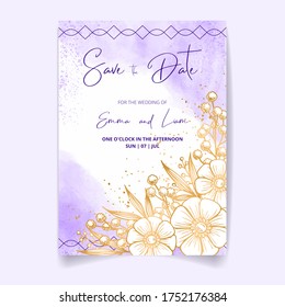 Einladungskarte Hochzeit, speichern Sie das Datum mit Aquarellhintergrund, goldenen Blumen, Blättern und Ästen.
