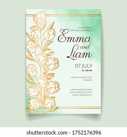 Einladungskarte Hochzeit, speichern Sie das Datum mit Aquarellhintergrund, goldenen Blumen, Blättern und Ästen.
