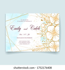 Einladungskarte Hochzeit, speichern Sie das Datum mit Aquarellhintergrund, goldenen Blumen, Blättern und Ästen.
